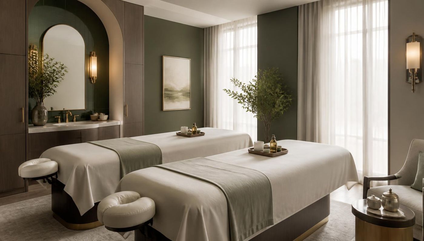 Couples massage room with two parallel massage tables and soft natural light