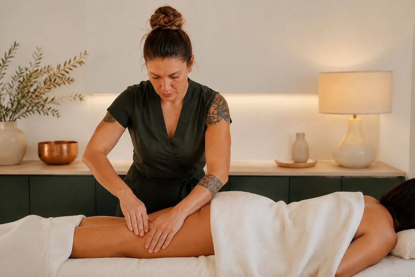 Gentle lymphatic drainage technique performed on a fully draped client
