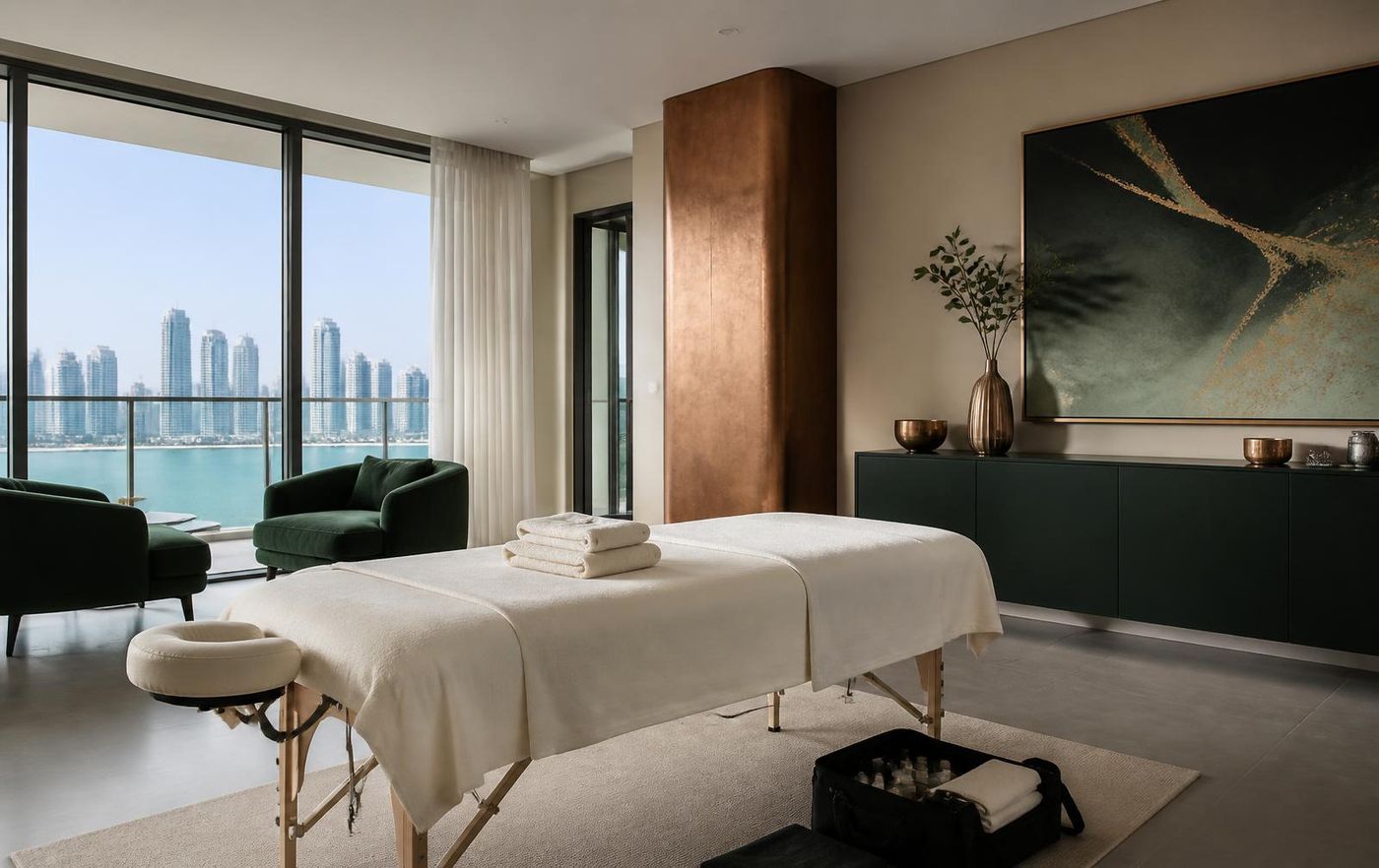 Portable massage table with ivory linens set up in an elegant Miami apartment