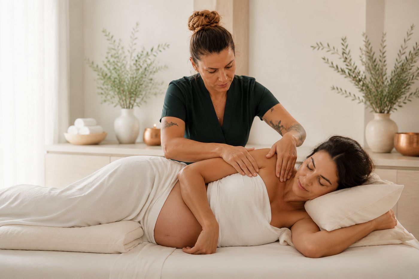 Therapist performing a gentle prenatal massage on an expecting client lying comfortably on her side